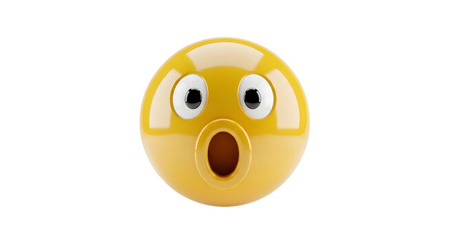 Yellow glossy sphere with wide open eyes and gaping mouth showing surprise or shock expression on isolated backdrop.