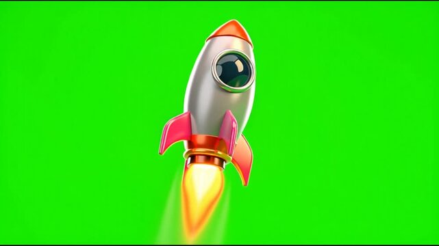 Stylized silver rocket launching with fire trail on green screen