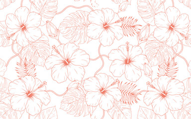 Hibiscus Tropical Flower Leaf Line Art Seamless Pattern for Fabric Wallpaper Textile Background Beach Resort Summer Gift Wrap Stationery Vector Illustration © InfinoArt
