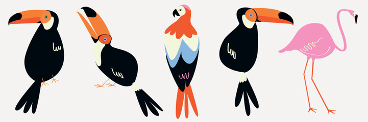 Obraz premium Vector set of colorful toucans and a pink flamingo on white background