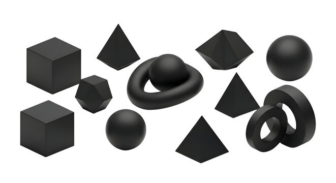 Set of matte black geometric 3d shapes isolated on transparent background for architectural and design composition.