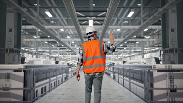 Back of Asian Male Engineer Waving Hand Saying Bye While Walking at Modern Solar Panel Manufacturing Factory with Automated Robotic Assembly Line