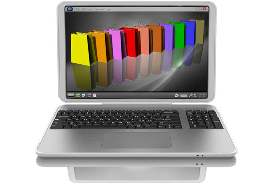 Computer portatile aperto grigio.Sullo schermo borse shopping, simbolo di business