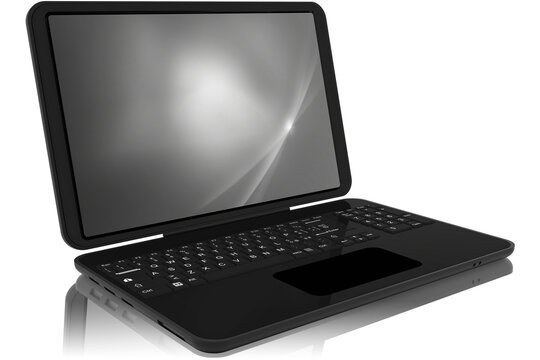Computer portatile aperto nero su sfondo bianco.Monitor vuoto con spazio per testo.