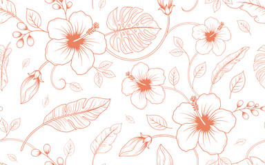 Hibiscus Tropical Leaf Bud Line Art Seamless Pattern for Fabric Wallpaper Textile Background Beach Resort Summer Gift Wrap Stationery Vector Illustration © InfinoArt