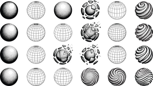 Abstract Halftone Sphere and Globe Icon Set with Textured 3D Planets, Exploding Orbs, and Geometric Line Wireframes for Graphic Design Projects