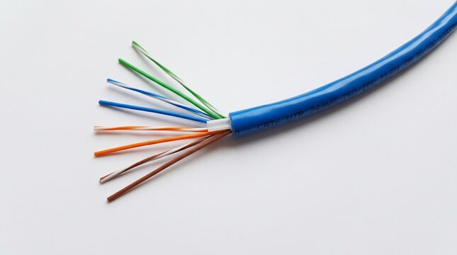 Cat6 utp ethernet network cable with exposed twisted pair wires isolated on white background