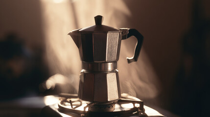 Naklejka premium Small stove pot on gas burner in warm sunlight, solitary kitchen scene with soft haze and film grain