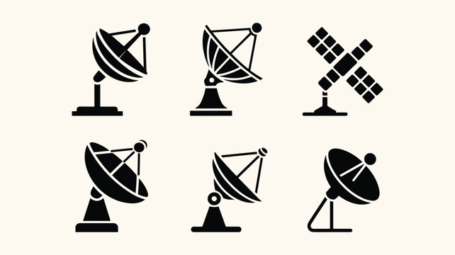 Satellite dish and parabolic antenna icons for telecommunication and science research.