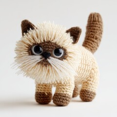 Fototapeta premium Handmade Crochet Cat Toy Beige And Brown With Big Blue Eyes And Fluffy Ears