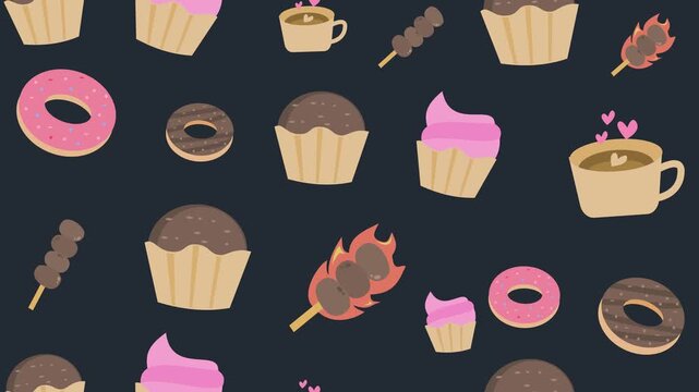 Cute sweet desserts and coffee cup seamless pattern on dark background animation for bakery wallpaper with cartoon cupcakes donuts and grilled food skewer.