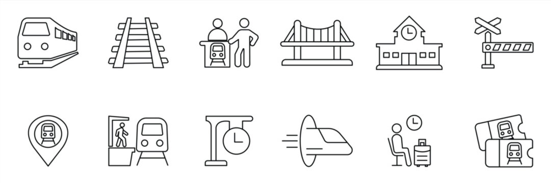 Train icon set, containing trains, stations, railway tracks, transportation, locomotives, and rail lines. Vector illustration