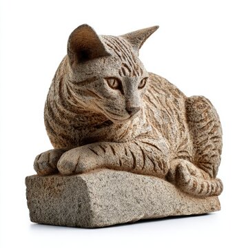 Textured Stone Cat Statue Resting on Stone Block Detailed Fur Pattern and Alert Expression
