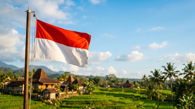 Indonesian flag waving over traditional village houses and green terraced rice fields under blue sky