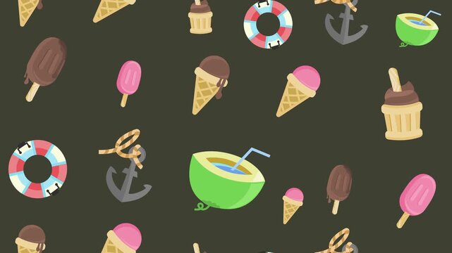 Cute summer and beach vacation elements seamless pattern on dark background animation with cartoon ice cream popsicles and coconut drink for holiday wallpaper.