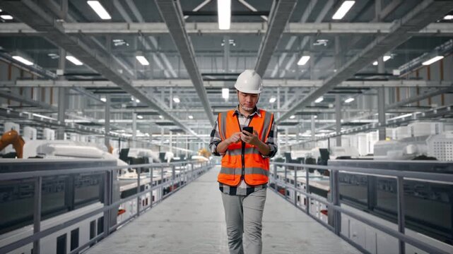 Front View of Asian Male Engineer Use Smartphone While Walking at Modern Solar Panel Manufacturing Factory with Automated Robotic Assembly Line