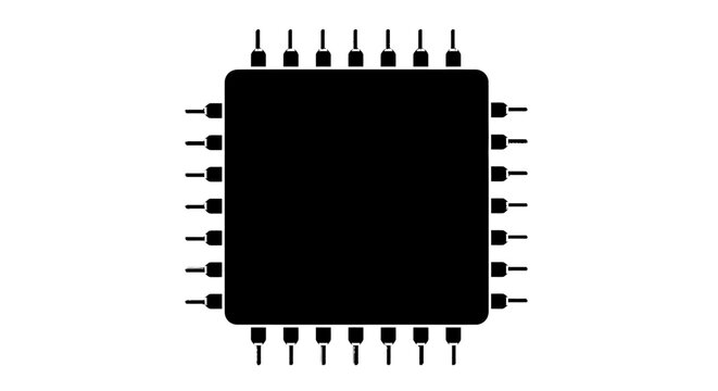 A black silhouette of a computer processor chip on a white background