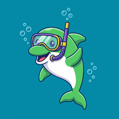 Cute Green Dolphin Character Snorkeling Underwater Cartoon Vector Illustration © Arviz
