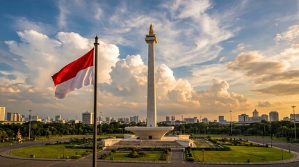 Obraz premium National Monument of Indonesia Monas with waving national flag at sunset in Jakarta city
