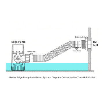 Marine Bilge Pump Installation System Diagram Connected to Thru-Hull Outlet, Technical Schematic Drawing