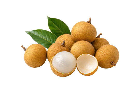 Fresh longan fruits with green leaves and peeled longan revealing translucent white flesh, isolated on a clean white background. Tropical fruit harvest concept, natural organic produce, healthy sweet 
