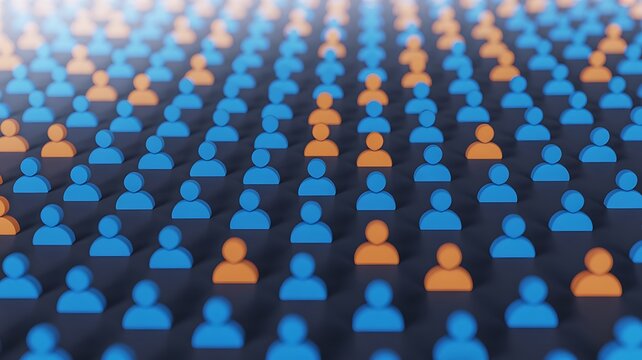Crowd, people icons, blue and orange, human silhouettes, diverse group, population, community