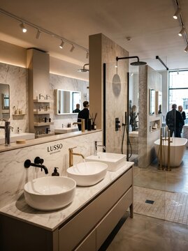 Modern luxury bathroom showroom displaying sleek vanity units and minimalist walk in shower.