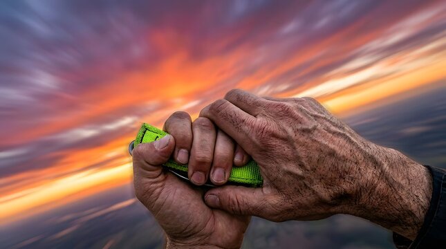 Man's Hands Gripping Green Parachute Handle During Dramatic Sunset Sky.
