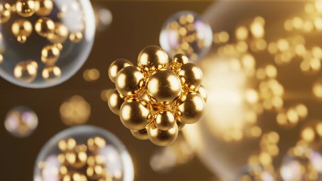 Close up of shiny golden spheres clustered together with glowing bokeh background in warm tones
