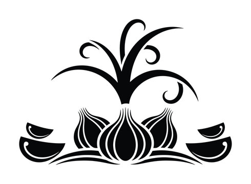 A stylized black and white featuring garlic bulbs and cloves arranged in a decorative symmetrical pattern