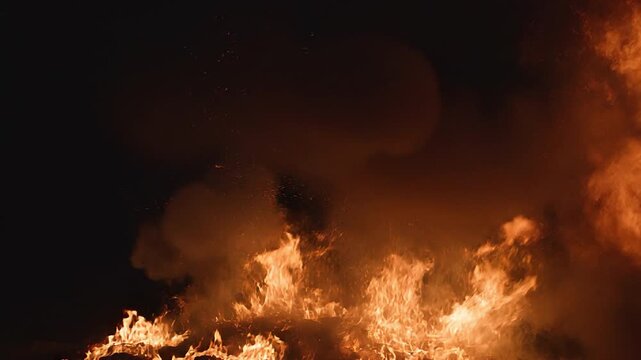Intense Vertical Flamethrower Fire Burst and Smoke on Black Background