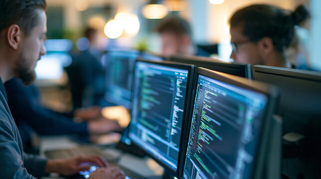 Multiple faceless computer programmers working on code displayed across monitors in a modern technology office, repetitive visual pattern of screens, defocused office environment