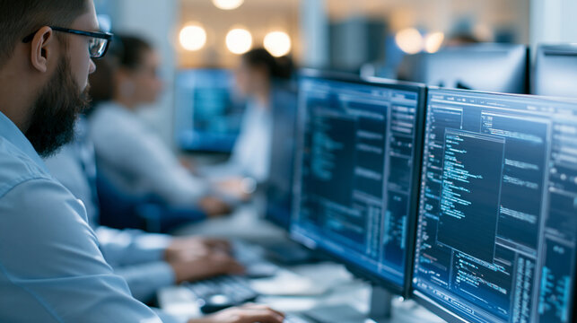 Multiple faceless computer programmers working on code displayed across monitors in a modern technology office, repetitive visual pattern of screens, defocused office environment