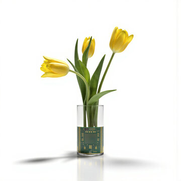 AI Tulips Chip Three neural chip vase processing tulips (Tulipa), transistors dense and layered, silicon wafer precise, isolated on a
