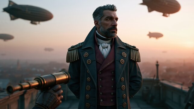 steampunk gentleman with airships at sunset