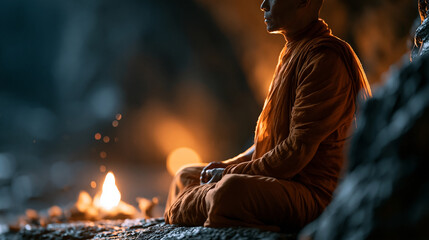 Fototapeta premium Faceless monk meditating in flowing orange robes inside a quiet cave illuminated by a small fire, spiritual enlightenment atmosphere, defocused cave interior in background, cave