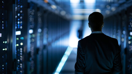 Fototapeta premium Faceless silhouette of a man standing in a dark high-tech data center with glowing server racks stretching into the distance, dramatic technology atmosphere, defocused server
