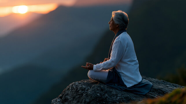 Faceless elderly spiritual practitioner meditating in lotus pose on a mountain cliff at sunrise, serene spiritual atmosphere, defocused mountain landscape in background, mountain