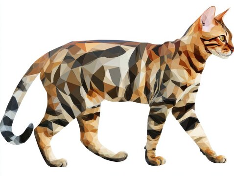 Abstract Geometric Patterned Bengal Cat Walking White Background Detailed Fur Texture