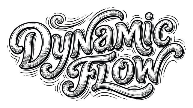 Dynamic flow hand lettering with cursive typography and decorative swirls in black and white
