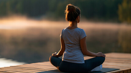 Fototapeta premium Faceless woman practicing yoga meditation on a wooden dock at sunrise over a calm misty lake with forest in the background, defocused misty water in background, dock yoga concept