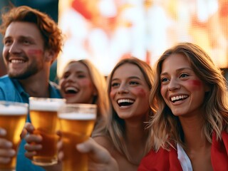 Obraz premium Group of happy football fans drinking beer and celebrating victory at outdoor fan zone during championship