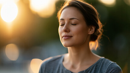 Obraz premium Faceless woman closing her eyes and feeling warm sunlight on her face, practicing meditation and yoga for inner peace and emotional wellbeing in a serene outdoor setting,