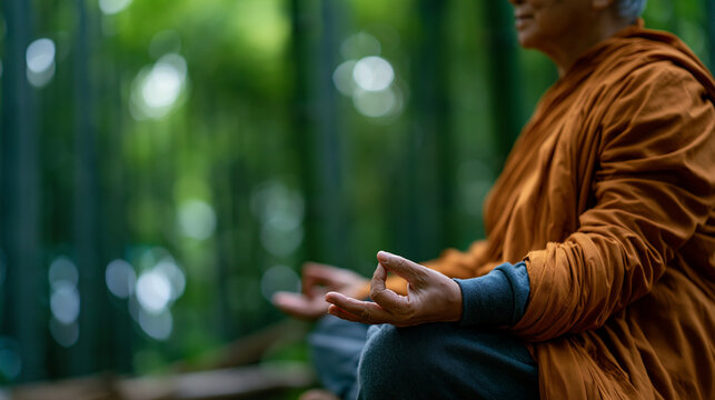 Faceless elderly ascetic figure meditating in lotus pose amid a peaceful bamboo forest, spiritual stillness embodied, defocused bamboo grove in background, bamboo forest