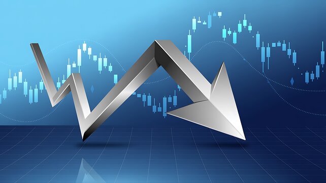 3D silver arrow graph, declining trend chart, business finance concept, stock market downfall
