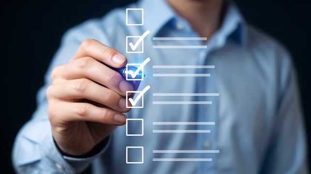 Businessman checking boxes on virtual checklist, verification and approval concept, office workflow, digital task management