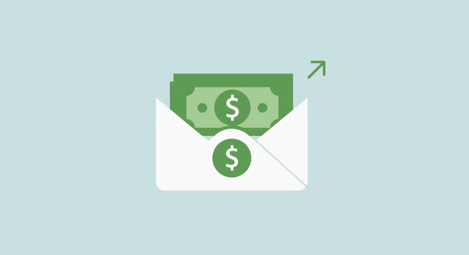 A green paper currency note is placed inside a white envelope icon