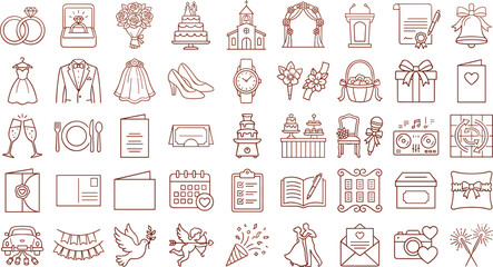 Fototapeta premium Wedding Celebration and Romantic Marriage Line Icon Set Featuring Bridal Dress Tuxedo Church Cake Invitation Ring and Event Planner Symbols for Invitation Designs