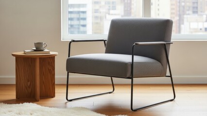 Fototapeta premium Modern grey armchair by wooden side table in bright city apartment
