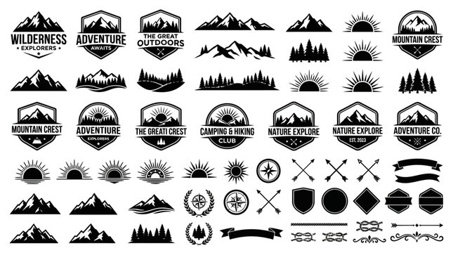 Black silhouettes of outdoor adventure icons.